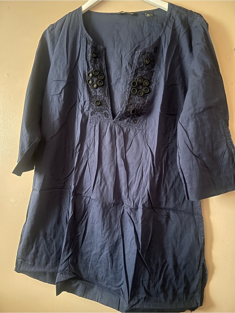 New York & company Navy Blue Embroidered Tunic Eyelet Detail cotton indie Indian